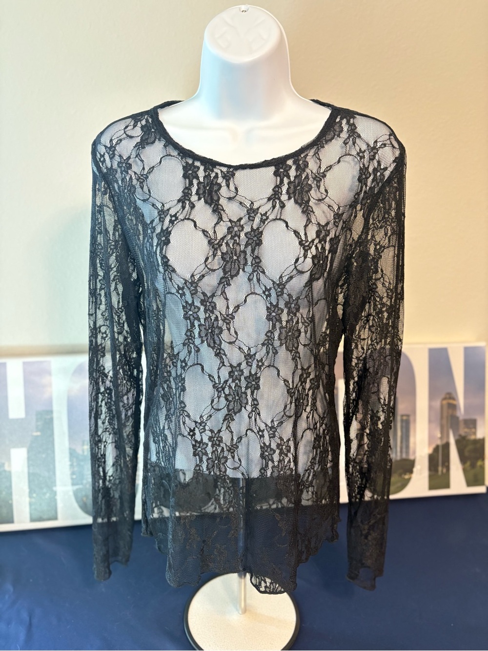 Black Lace Long-Sleeve Sheer Top